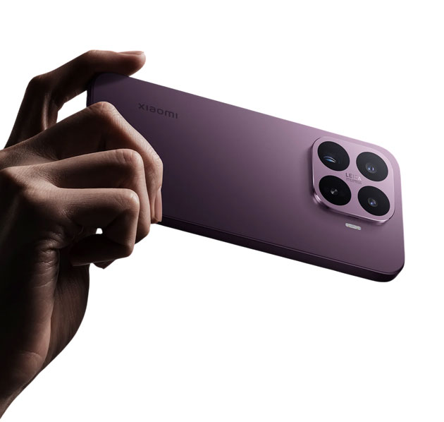 A person's hand holding a Xiaomi 17T Violet that features a square triple-camera module and Leica branding.