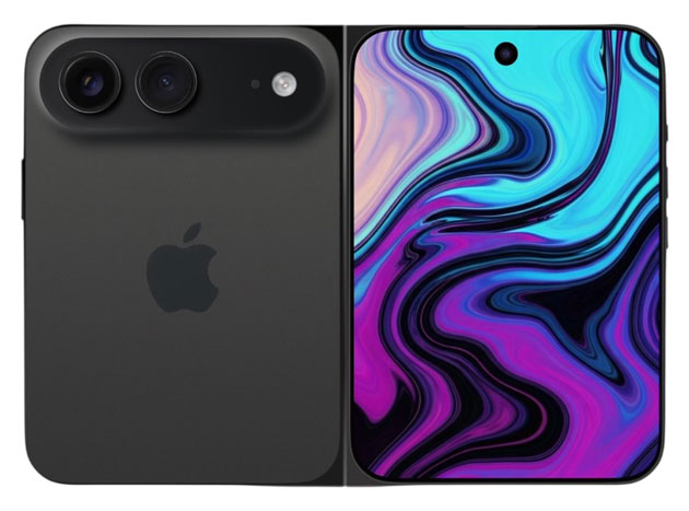A render of the foldable iPhone Ultra in matte black shows a horizontal dual-camera module and a cover display.
