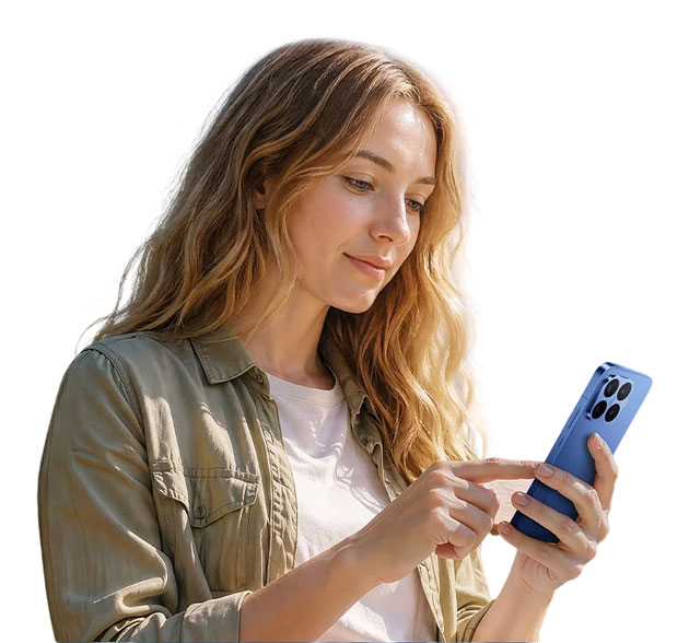 A woman using the Xiaomi 17T Pro Deep Blue outdoors