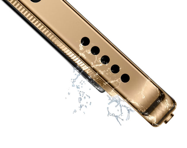 Close up of the Honor X9ds golden frame and speaker grilles with water droplets splashing on them to showcase its waterproof feature Close-up of the Honor X9d's golden frame and speaker grilles, with water droplets splashing on them to showcase its waterproof feature.