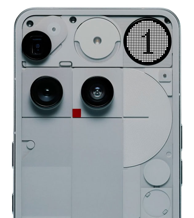 Close up of the Nothing Phone 3 White back panel with a transparent design featuring three camera lenses a small red square and a monochrome circular matrix display showing the number 1 Close-up of the Nothing Phone (3) White back panel with a transparent design, featuring three camera lenses, a small red square, and a monochrome circular matrix display showing the number 1.