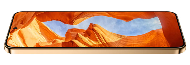 Horizontal view of the bezel less Honor X9d screen displaying a high quality image of Antelope Canyons rock formations and the sky Horizontal view of the bezel-less Honor X9d screen displaying a high-quality image of Antelope Canyon's rock formations and the sky.