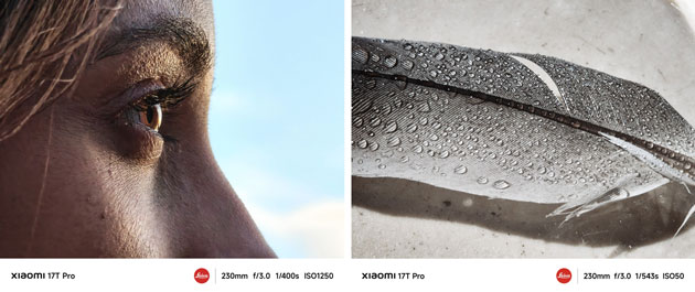 Sample close-up photos of the Xiaomi 17T Pro Leica 230mm camera of eye skin texture and water droplets on a feather