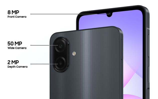 Samsung Galaxy A07 5G in Gray showing the dual rear camera system and the front display featuring a waterdrop notch for the selfie camera Samsung Galaxy A07 5G in Gray, showing the dual rear camera system and the front display featuring a waterdrop notch for the selfie camera.