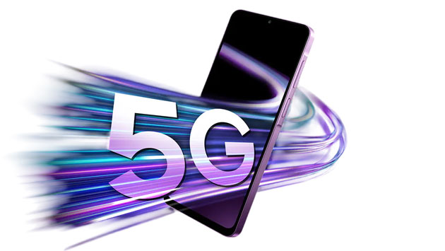 Samsung Galaxy M17e 5G marketing image emphasizing fast 5G network capabilities on its large display.