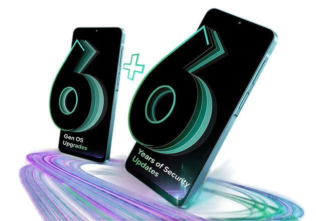Samsung Galaxy M17e 5G screen emphasizing long-term software support with six generations of OS upgrades.