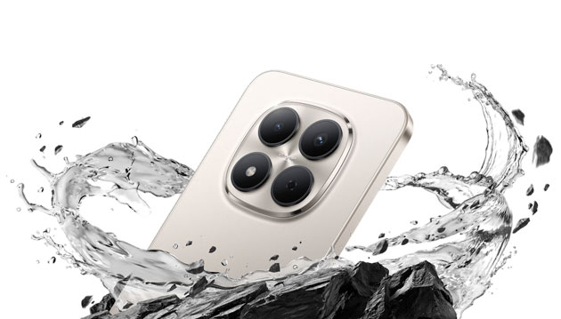 The Xiaomi Redmi Note 15 Pro 5G captured mid splash among water and rocks to showcase its rugged durability and waterproof design The Xiaomi Redmi Note 15 Pro 5G captured mid-splash among water and rocks to showcase its rugged durability and waterproof design.