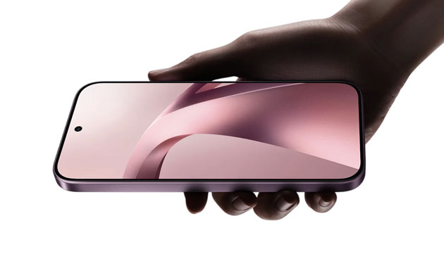 The front view of a Xiaomi 17T with a flat display, ultra-slim bezels, and a teardrop notch for the selfie camera, held in a person's hand.