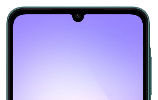 The selfie camera is located just above the Samsung Galaxy A07 4Gs screen in a waterdrop notch The selfie camera is located just above the Samsung Galaxy A07 4G's screen in a waterdrop notch.