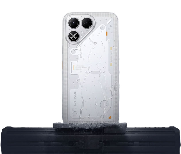Water droplets on the back cover of the Tecno Pova 8 to demonstrate the liquid resistance test Water droplets on the back cover of the Tecno Pova 8 to demonstrate the liquid resistance test