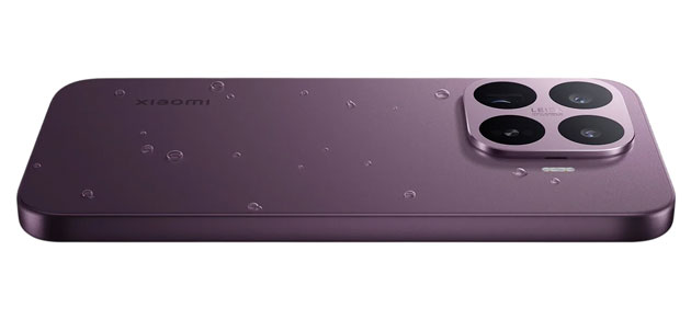 Water droplets on the back panel of the Xiaomi 17T Violet, showcasing the device's water resistance and durability rating
