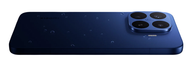 Water droplets on the back panel of the blue Xiaomi 17T Pro, showcasing the device's water resistance and durability rating